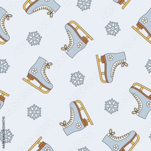 Groovy Christmas seamless pattern with ice skates. Figure skates and snowflakes on blue background.