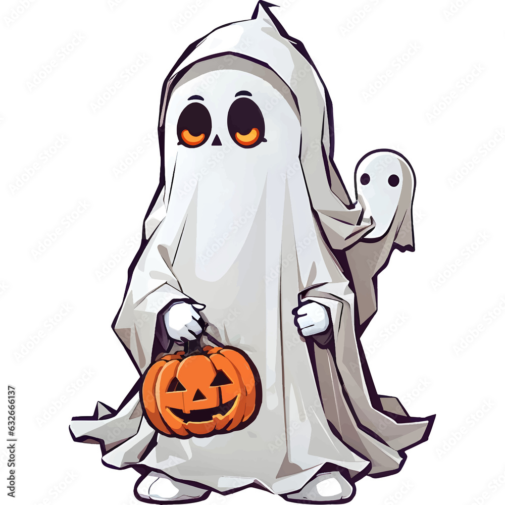 Charming Halloween Ghost Character with Pumpkin Vector Graphic #2