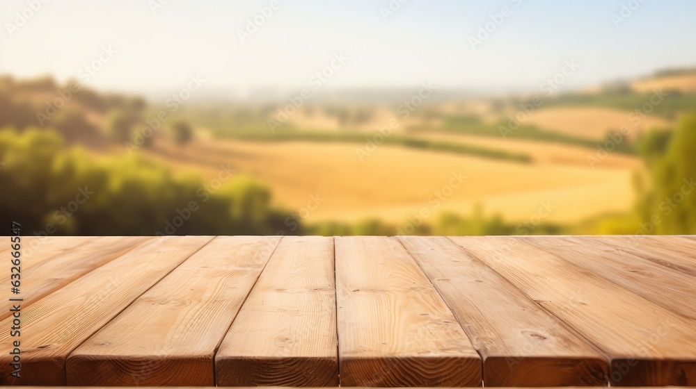 white Wooden table on blurred agriculture background, Advertisement, Print media, Illustration, Banner, for website, copy space, for word, template, presentation.