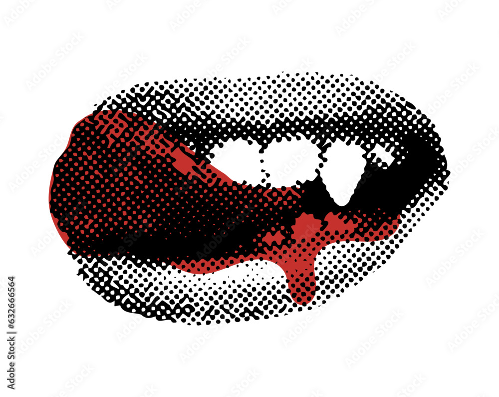 Female vampire lips with dripping blood Halloween halftone collage
