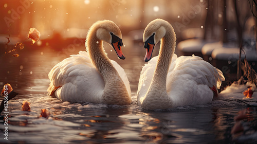 swans are swimming in the water and sun is setting, in the style of light gold and light amber