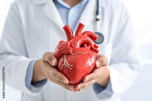 Doctor showing with anatomical model of human heart Cardiologist using digital twin technology in clinic and supports the heart.