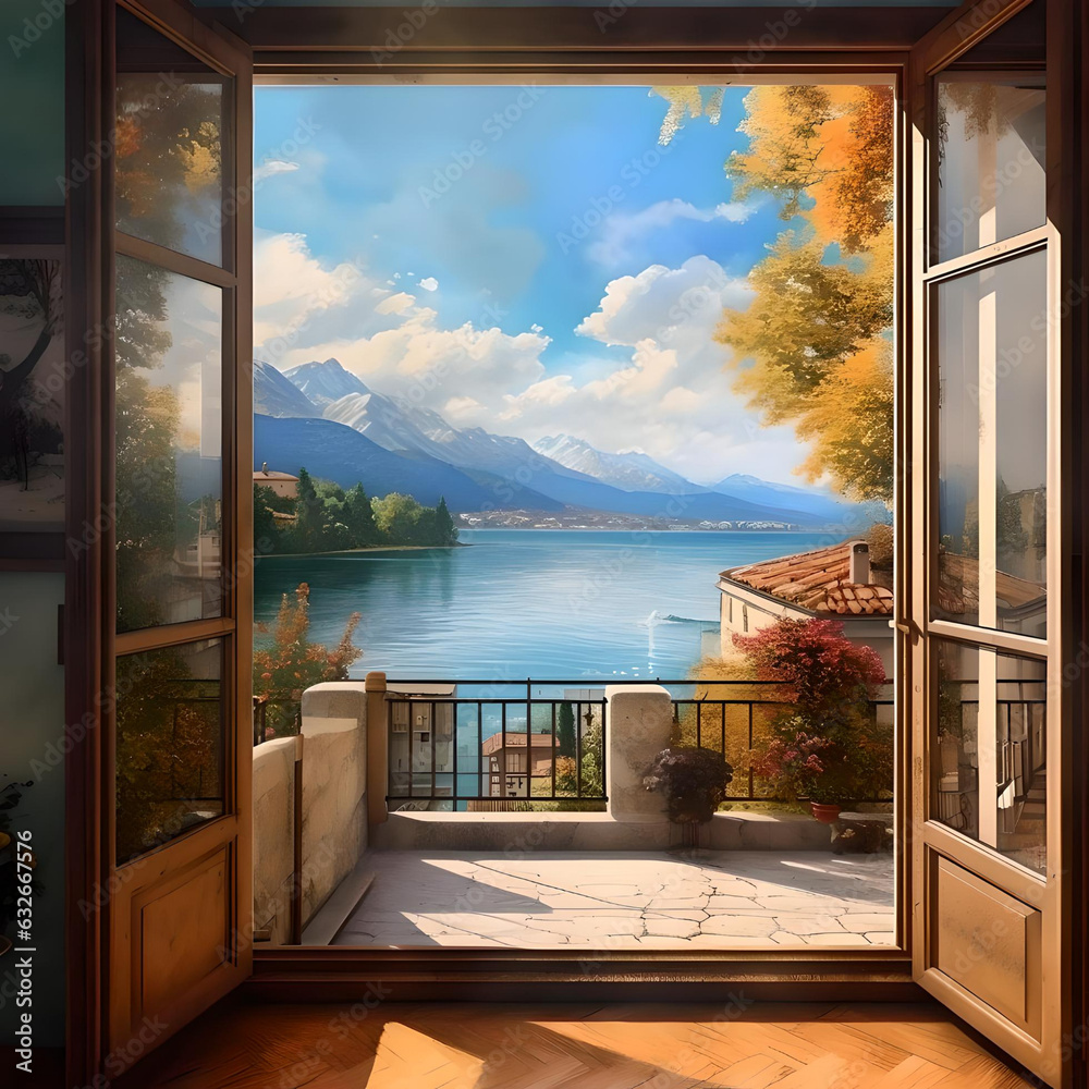 view through an open window on the lake como in italy - generative ai