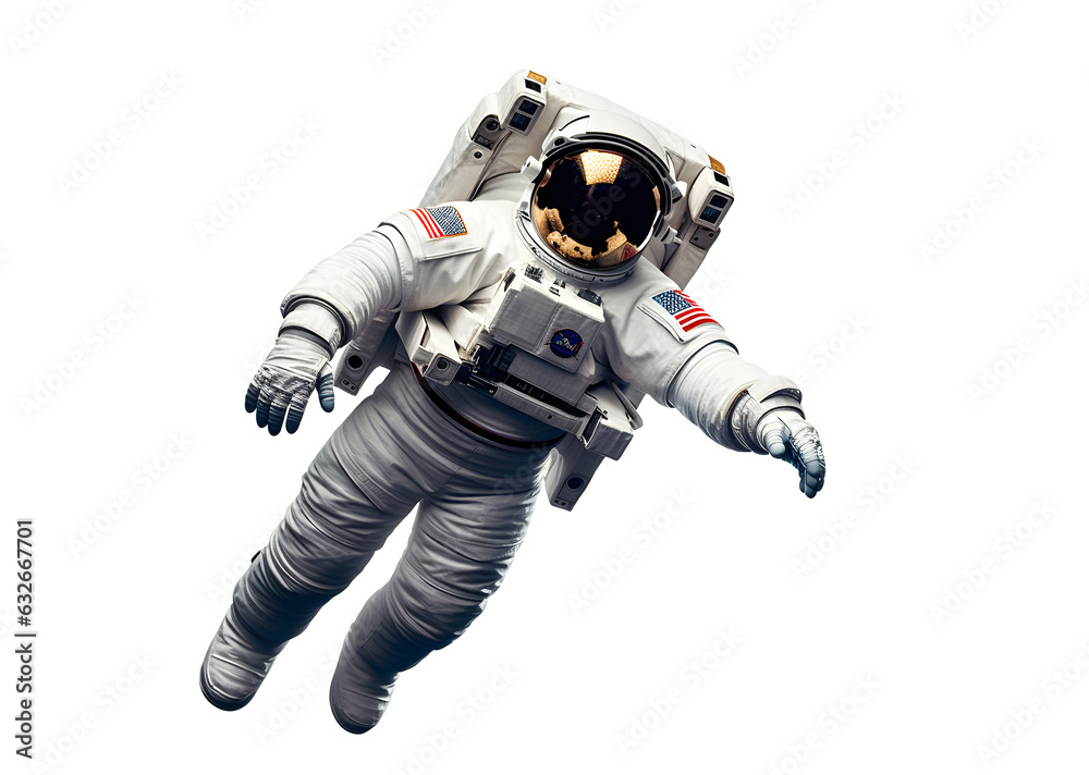 Astronaut at spacewalk. Astronaut is flying over the planet Earth isolated on white background.