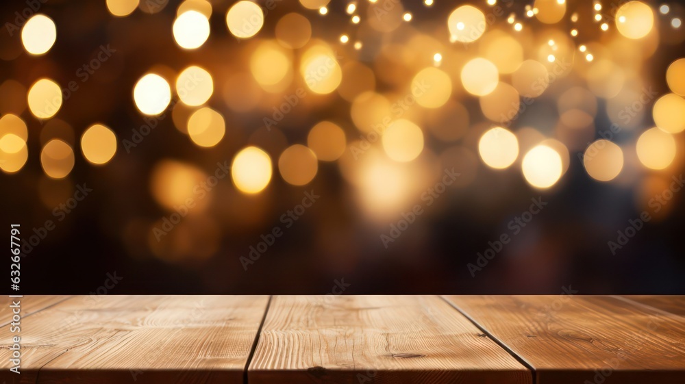 Wooden table in front of blurred background with bokeh lights created with Generative AI Wooden table in front of blurred background with bokeh lights created with Generative AI