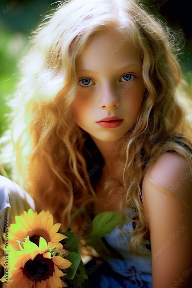 Portrait of a beautiful teenage girl with long blond hair with blue eyes and in a blue dress with sunflower flowers. Portrait of a beautiful teenage girl with long blond hair with blue eyes and in a blue dress with sunflower flowers.