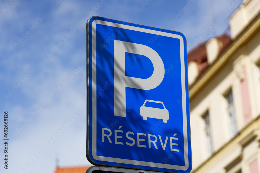 Prague, Czech Republic, August 3, 2023. Street traffic sign. Park place. Reservation Prague, Czech Republic, August 3, 2023. Street traffic sign. Park place. Reservation