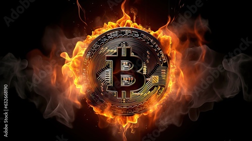 Cryptocurrency crisis. Bitcoin symbol goes down in fire.