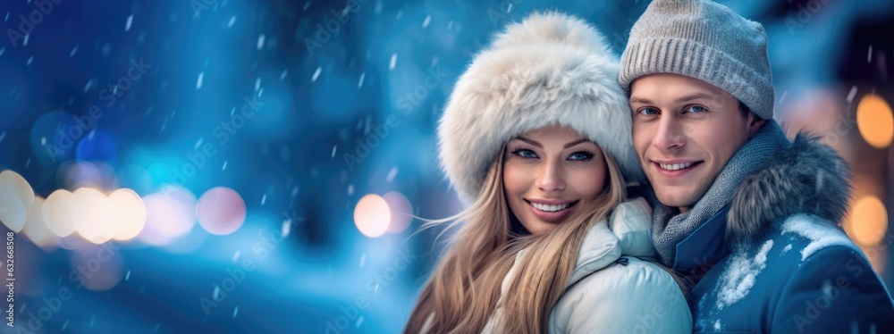 Obraz premium Happy couple posing in the snow on a winter day. Copyspace.