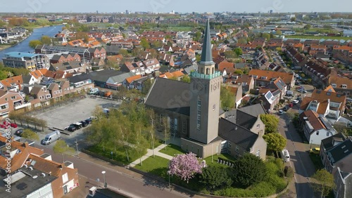 Aerial drone video of the church tower in Valkenburg, the Netherlands photo