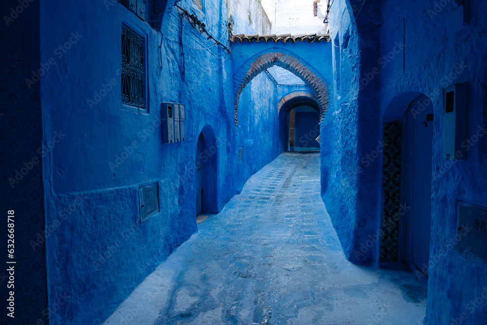 Chefchaouen, Morocco: The 'Blue City' nestled in the Rif Mountains, famous for its charming blue-painted streets, serene ambiance, and cultural allure. High quality photo