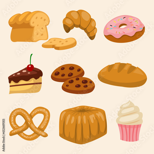 Set of various dessert bakery drawing style vector