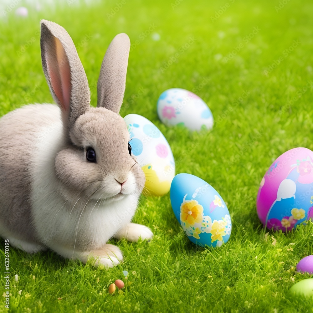 Obraz premium Single sedate furry harlequin rabbit sitting on green grass with easter eggs