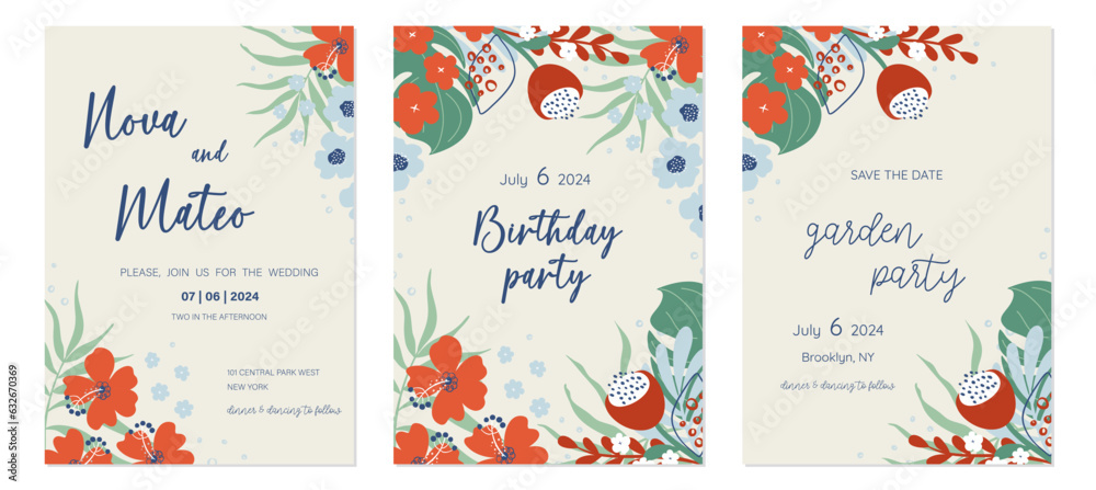 Set of floral invitation cards. Beautiful compositions with tropical flowers and leaves. Photo frame templates. Hand drawn vector illustrations. Set of floral invitation cards. Beautiful compositions with tropical flowers and leaves. Photo frame templates. Hand drawn vector illustrations.