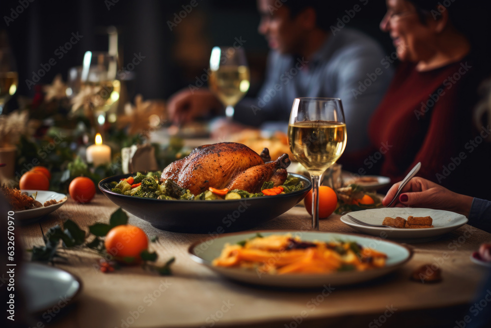 Family celebrates Thanksgiving together. People are sitting at table and eating roast turkey at festive dinner