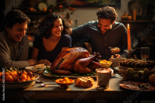 Family celebrates Thanksgiving together. People are sitting at table and eating roast turkey at festive dinner