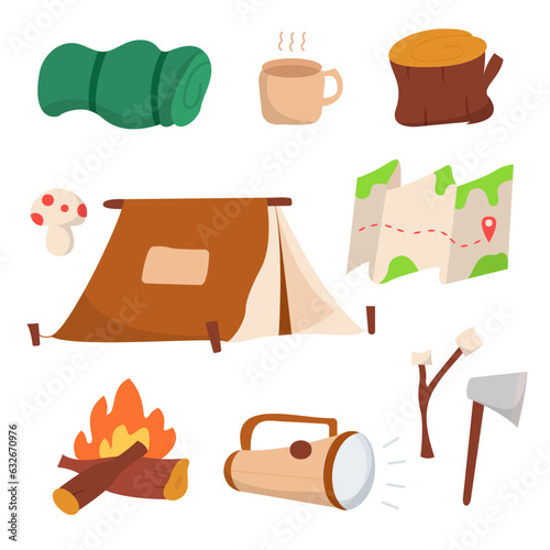 Camping supplies, tools and equipment set vector illustration. Collection