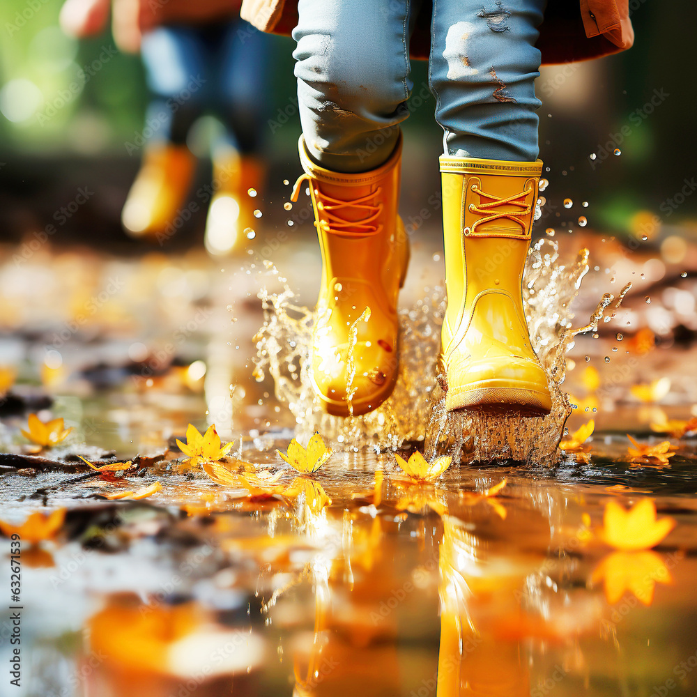 child wearing rain yellow boots, jumping and splashing in puddle as ...