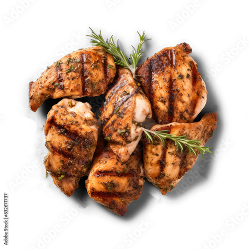 Grilled chicken chunks isolated on transparent background top view 