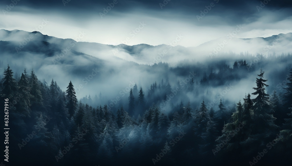 fog over the mountains and pine forest. pine forest. winter landscape. Norwegian landscape. Swedish landscape. Russian landscape. Finnish landscape. nordic landscape. winter time. snowfall