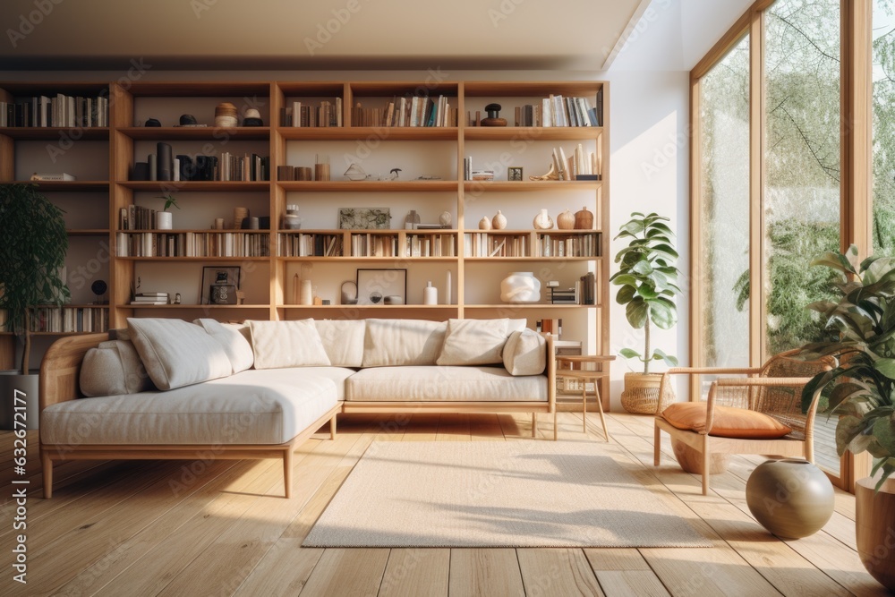 Fototapeta premium A bright, modern living room with a wooden coffee table and sleek wooden shelving units. Generative AI