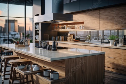 A modern  spacious kitchen with wooden cabinets  a wooden island  and state-of-the-art appliances. Generative AI