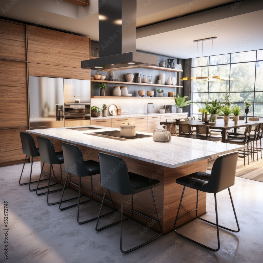 Modern Kitchen Oasis: Featuring Wooden Cabinets, Island, and Cutting-Edge Appliances in a Spacious Layout. Generative AI