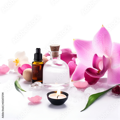 Beautiful spa composition on white background. Natural skincare cosmetic products