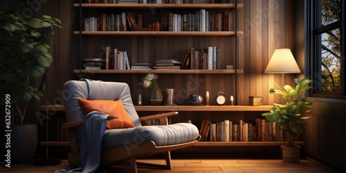 Modern Reading Retreat: A Cozy Nook with Wooden Bookshelf and Comfortable Seating. Generative AI