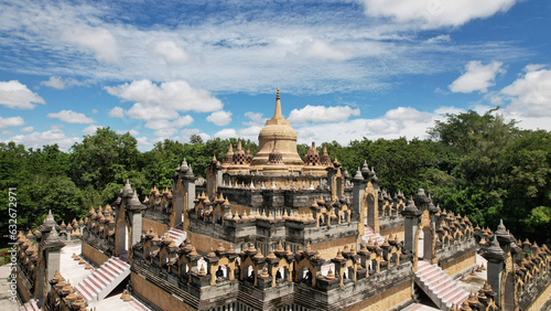 Aerial view sandstone pagoda in Wat Pa Kung Temple or Wat Prachakom Wanaram in Si Somdet district, Roi Et Province, northeast of Thailand. photo