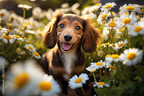 Happy dachshund puppy among white flowers in nature