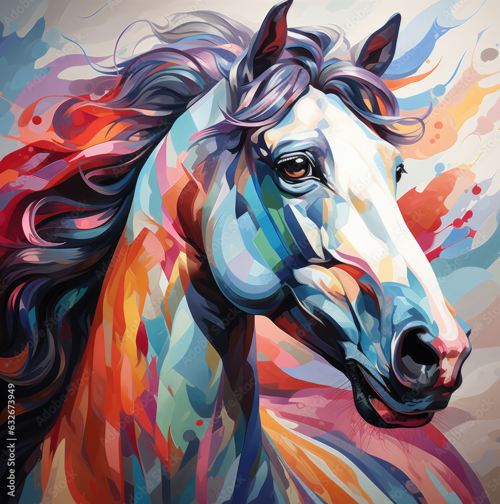 Colorful and beautiful horse in pop art style, created by AI, set on a white backdrop.