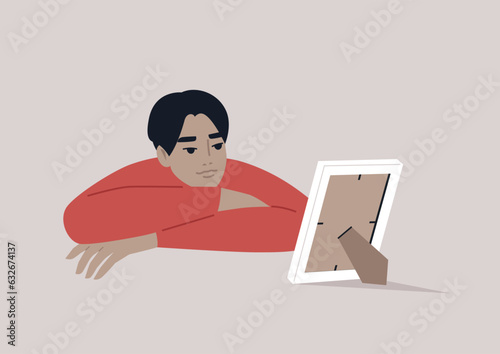 A youthful character reflecting on a photograph in a white frame, lost in a nostalgic reverie
