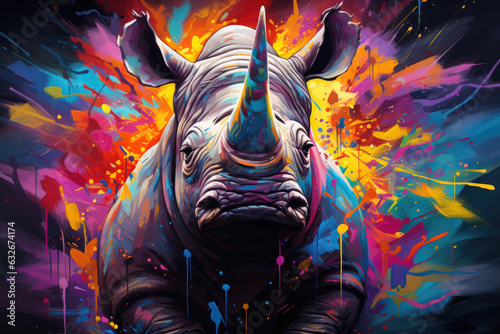 Pop art-inspired colors create an eye-catching backdrop for the rhinoceros.