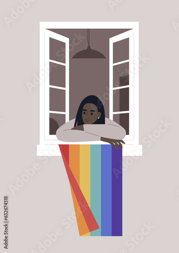 A young character leaning on the windowsill, the vibrant LGBTQ flag is proudly displayed nearby, symbolizing a significant step in their journey of coming out and embracing their authentic self
