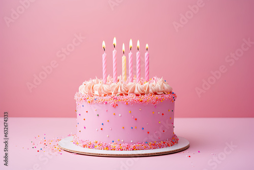 Birthday cake with candles, birthday party pink background 