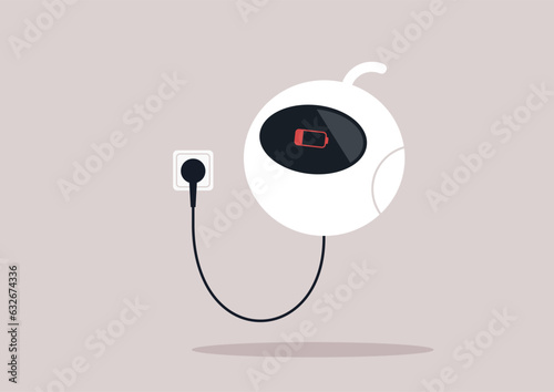 A robot charging its battery with a power plug and socket, a standby mode