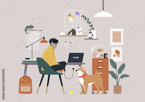 A remote home office adorned with an array of posters, plants, and charming knickknacks, creating a cozy and personalized atmosphere