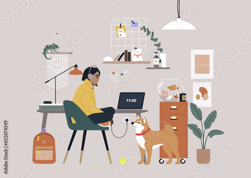 A remote home office adorned with an array of posters, plants, and charming knickknacks, creating a cozy and personalized atmosphere