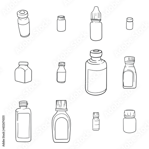 Set of drug bottles in hand drawn design for health care template