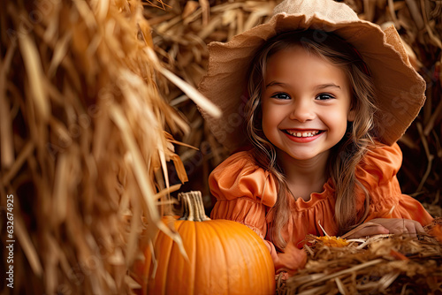 Little girl sitting on a haystack with pumpkins