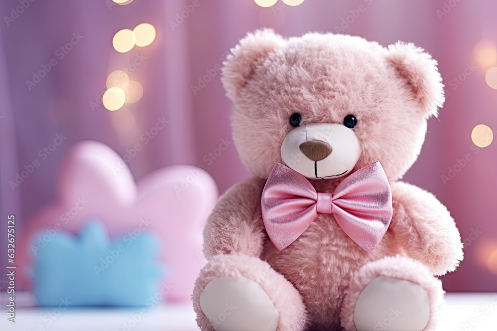 Cute toy bear with a bow on the pastel background Cute toy bear with a bow on the pastel background