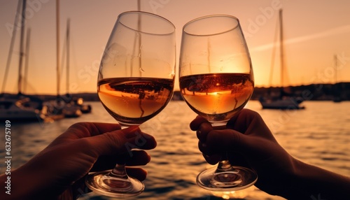 Photo of a couple enjoying a romantic sunset by the lake with wine glasses in hand