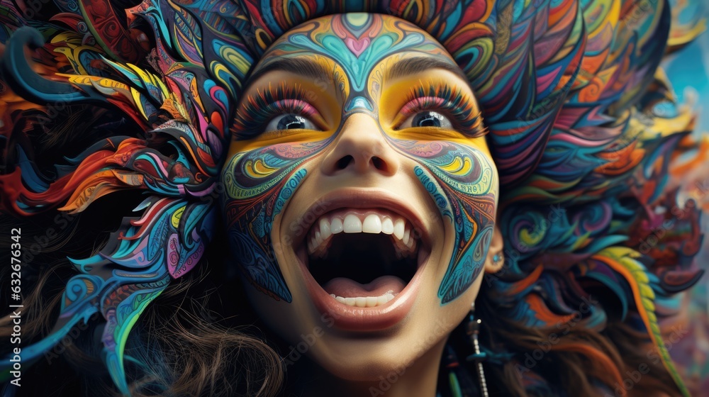 A woman with a colorful face painting on her face. AI. A woman with a colorful face painting on her face. AI.
