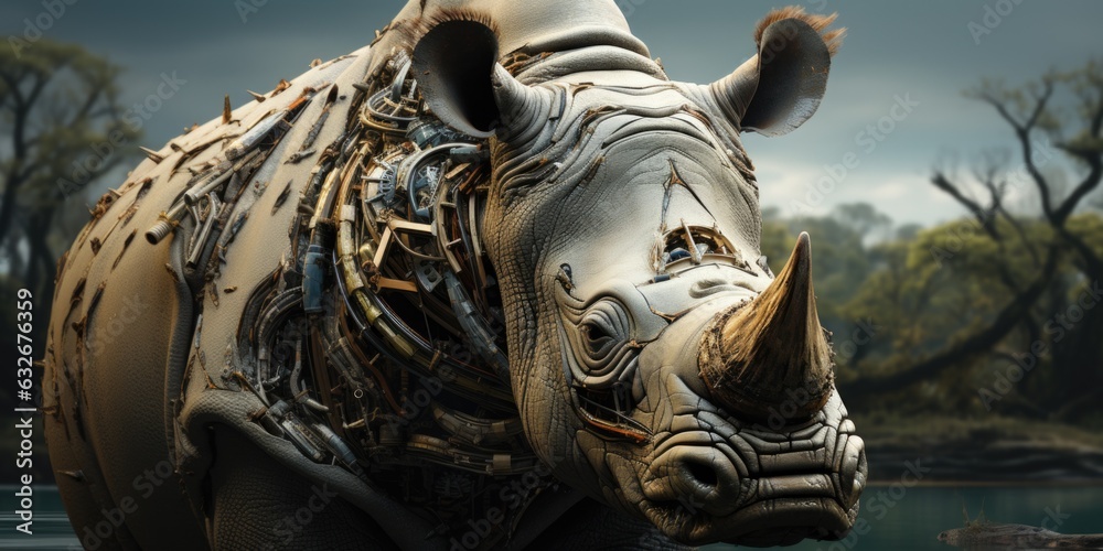 A close up of a rhino statue near a body of water. AI. A close up of a rhino statue near a body of water. AI.