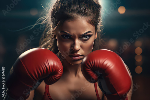  Young Woman athlete in boxing fight pose with gloves for box, angry face portrait.