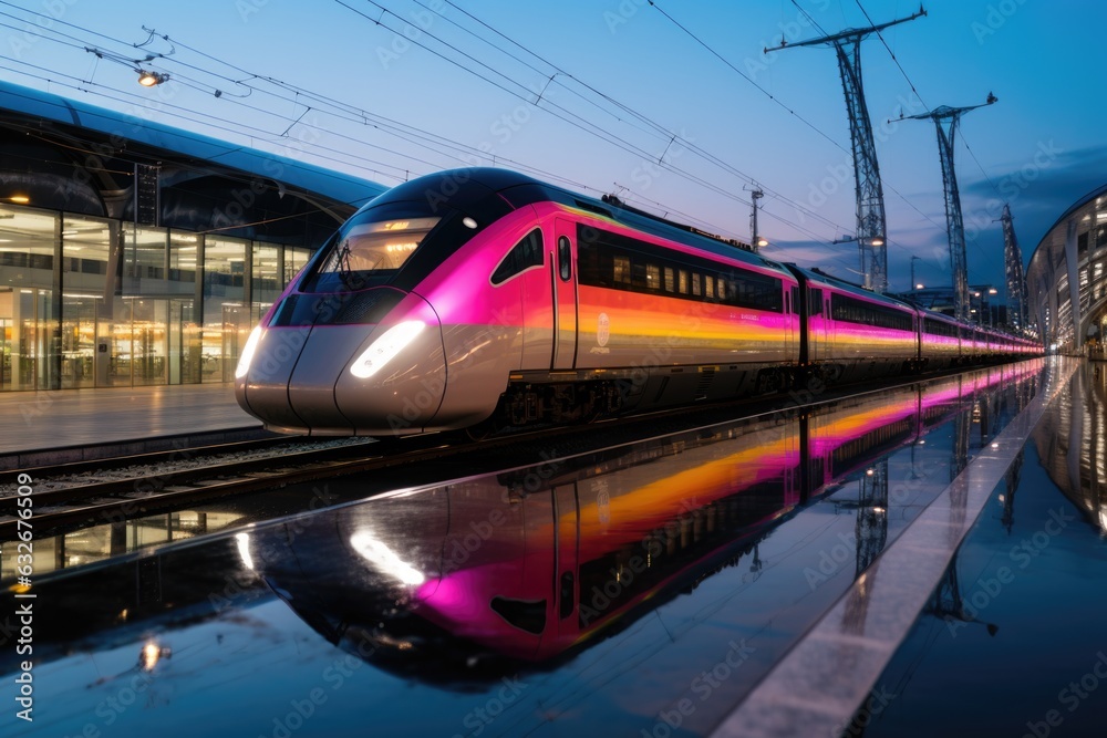 Fototapeta premium A pink and silver train on a track next to a train station. AI.