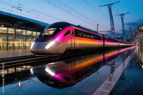 A pink and silver train on a track next to a train station. AI.