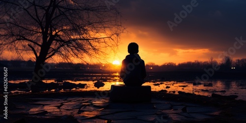 A silhouette of a person sitting in front of a sunset. AI.