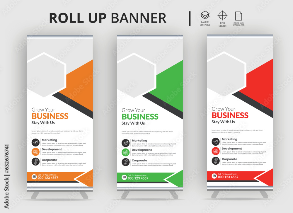 Roll up banner vector template, Template vertical roll up banner with round,Business Roll up banner stand template design, modern portable stands corporate roll-up banner layout, pull-up, polygon back